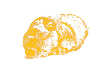 Bright yellow watercolor or ink stain with watercolor marks on transparent background.