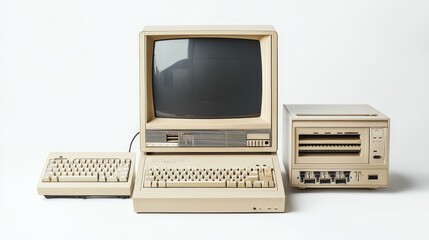 Vintage retro computer lab from the 90s featuring classic crt monitors and beige keyboards for nostalgic vibes