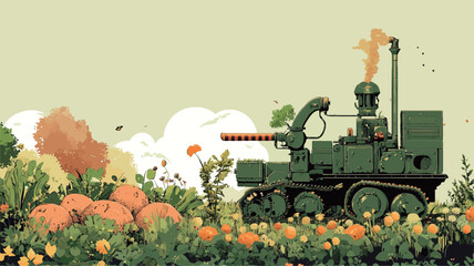 A digital illustration depicting a stylized robotic harvester moving through a field of pumpkins and other vegetation. The harvester is green and features a mechanical arm and a smokestack,
