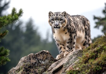 Fototapeta premium Majestic snow leopard perched on rocky terrain in a serene mountain landscape, showcasing its beautiful fur and striking features in natural habitat