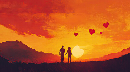 Couple holding hands at sunset. Relationship and romance. Scenic view. AI Generative