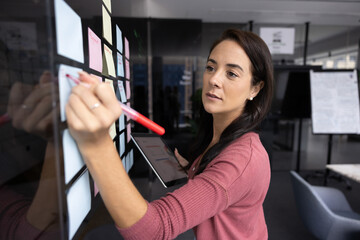 Focused busy project manager woman writing memo on sticky notes, working at Kanban board, using...