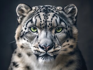 Obraz premium Majestic snow leopard portrait showcasing piercing green eyes and intricate fur patterns, highlighting the beauty and power of this endangered species in nature