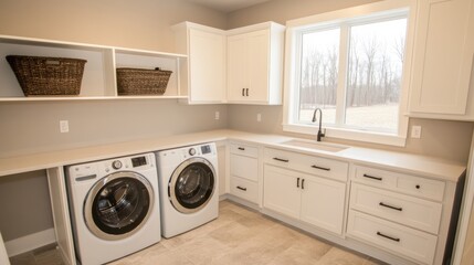 Modern and Bright Laundry Room with Washer, Dryer, and Neutral Decor in Contemporary Style Home