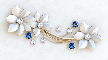 Fototapeta premium Elegant White Flowers with Gold Accents and Blue Sapphires Luxury Jewelry Design