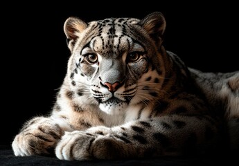 Majestic Snow Leopard Relaxing Gracefully Against Dark Background in Natural Habitat Displaying Unique Spots and Striking Gaze with Calm Expression