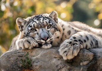Obraz premium Majestic snow leopard resting on a rock in a serene environment with blurred greenery, showcasing its beautiful fur patterns and captivating gaze