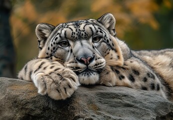 Fototapeta premium Majestic snow leopard resting on a rocky surface with a serene expression, surrounded by autumn foliage in a natural setting, close-up view