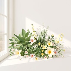 Flowers arrangement in bright sunlight by the window showcasing various plants and blooms