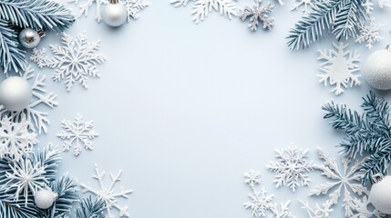 Winter Holiday Decor with Snowflakes and Evergreen Elements on a Light Blue Background