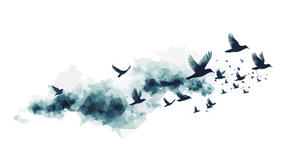 Fototapeta premium The image depicts a stylized flock of birds in flight against a white background. The birds are rendered in dark teal or blue silhouettes, varying slightly in size and position to suggest