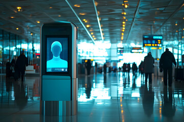 Futuristic digital kiosk with biometric facial recognition technology in a modern airport terminal with travelers in the background
