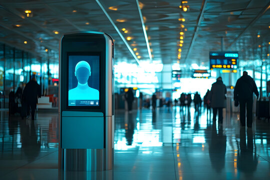 Futuristic digital kiosk with biometric facial recognition technology in a modern airport terminal with travelers in the background