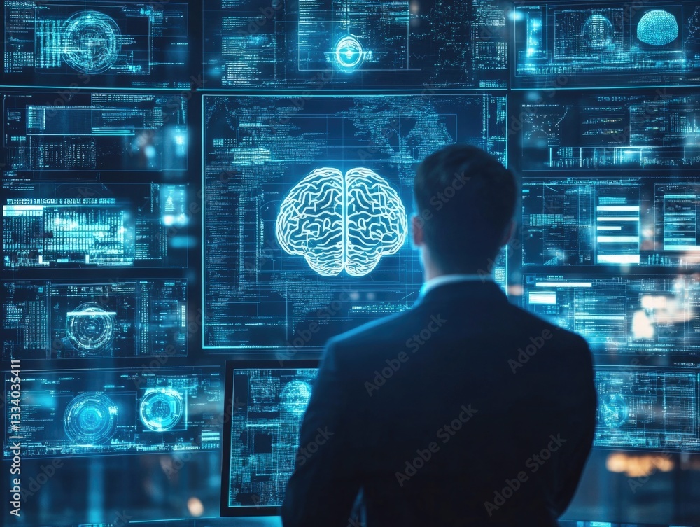 Aufkleber A person standing in front of a computer screen displaying a brain diagram, ideal for tech-related or educational concepts