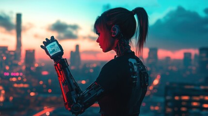 Cyberpunk Woman Gazing at Cityscape at Sunset