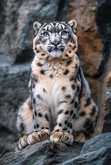 Fototapeta premium Majestic snow leopard resting on rocky terrain, showcasing its striking fur pattern and captivating gaze, symbolizing beauty and strength in wildlife