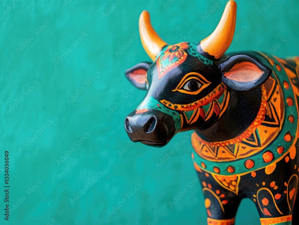 Poster a miniature bull figure against a green background, ideal for use in editorial and commercial contex