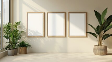 Fototapeta premium Modern Minimalist Interior Design Mockup with Three Empty Frames, Plants, and Natural Light