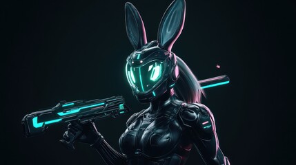 Naklejka premium Cyberpunk Bunny Warrior: Neon Glimmer in the Dark