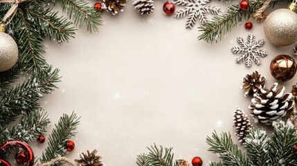 Vintage Winter Holiday Background with Ornaments and Pine Cones for Festive Seasonal Designs