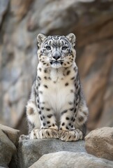 Obraz premium Majestic Snow Leopard Sitting on Rocks in Natural Habitat with Beautiful Spotted Fur Pattern and Intense Eyes Captured in Stunning Detail