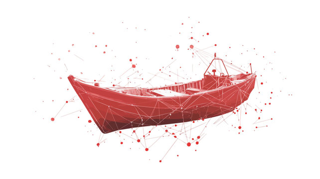 An illustration of a red boat rendered in an abstract style. The boat appears to be made of a fluid substance, with red droplets and splashes surrounding it against a stark white background. The