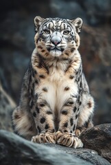 Fototapeta premium Majestic Snow Leopard Sitting on Rocky Terrain with Soft Fur and Distinctive Black Spots, Captured in Natural Habitat, Showcasing Its Grace and Power