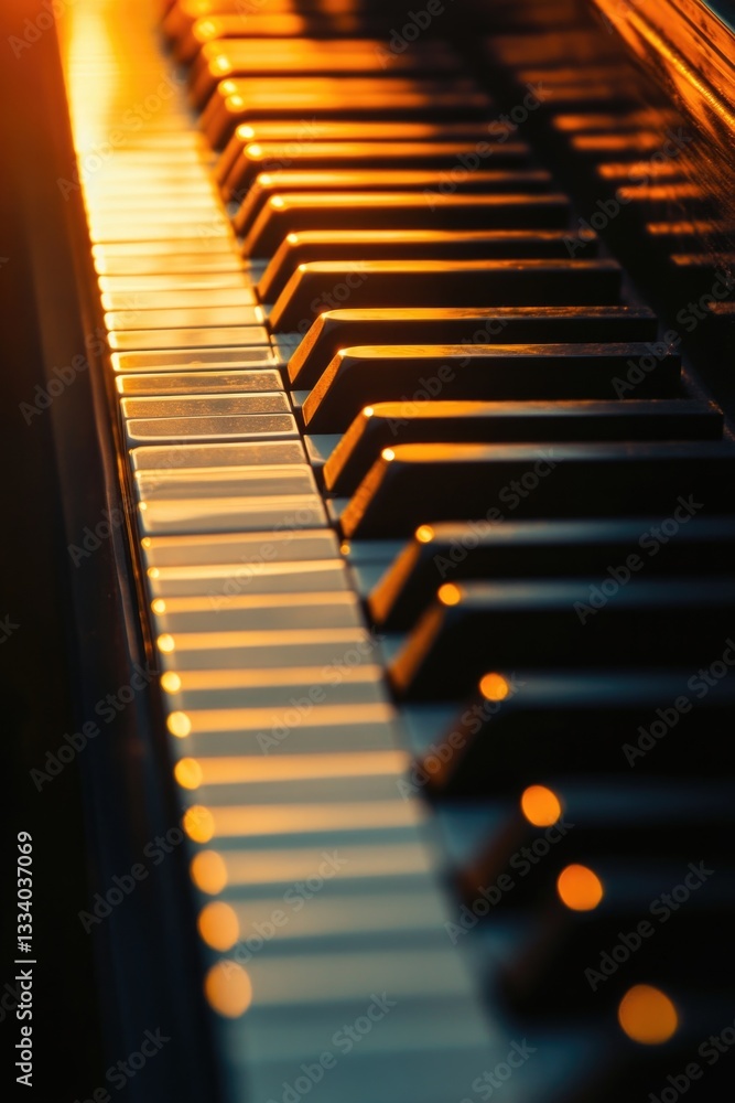 Aufkleber Close-up shot of a piano keyboard with sunlight in the background