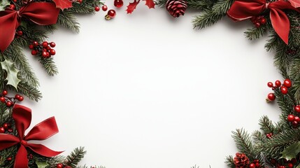 Festive Holiday Wreath Frame with Red Bows and Pine Boughs for Seasonal Decor and Greeting Cards