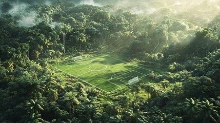 Jungle football match clearing in rainforest sports field lush environment aerial view adventure
