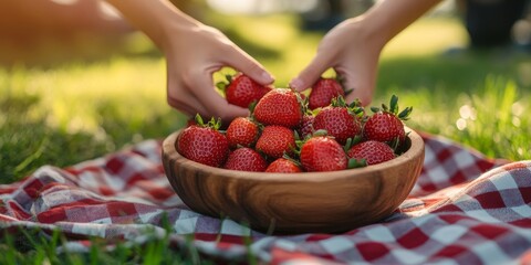 Farmers harvesting fresh strawberries in wooden bowl on picnic blanket