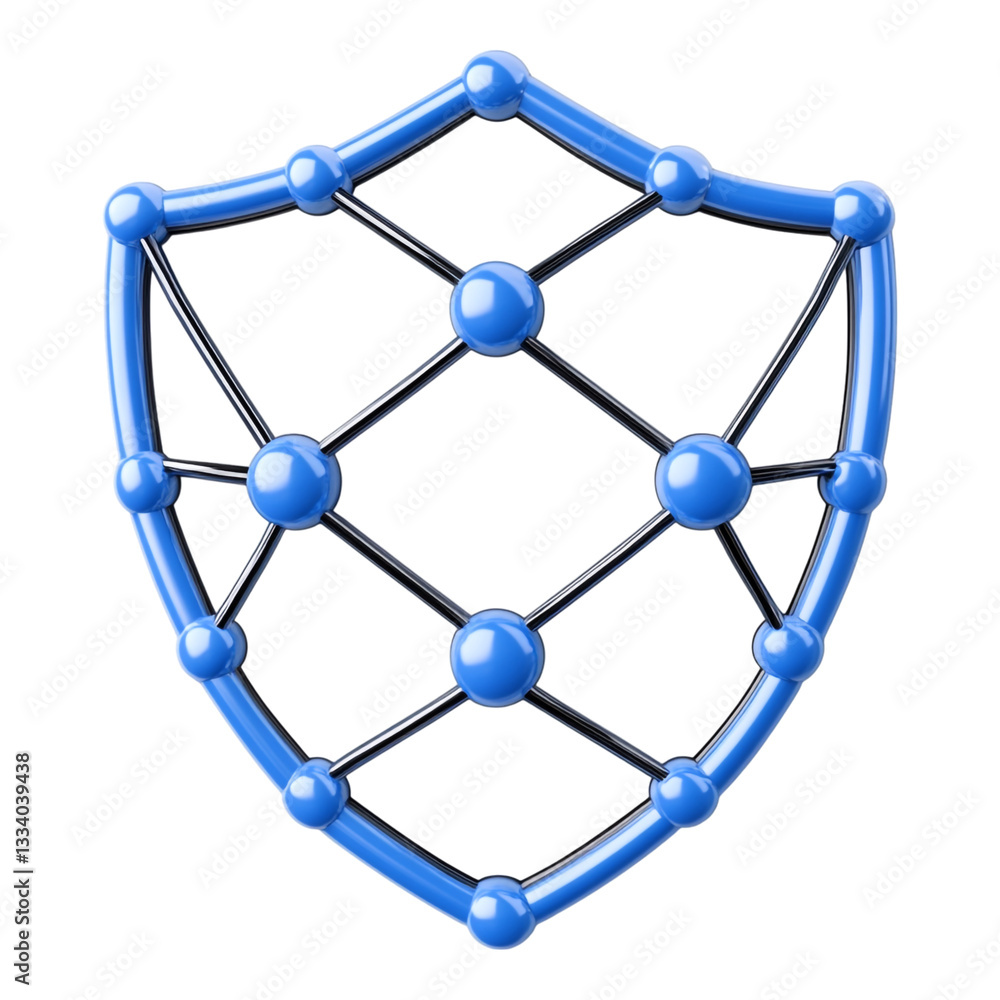 Poster a modern blue shield featuring an intricate network of interconnected spheres symbolizing digital se