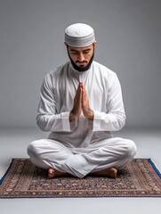 Fototapeta premium A man sitting on a rug, dressed in a white outfit