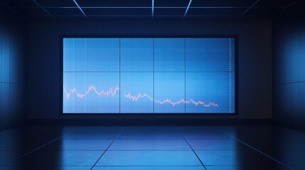 A large display screen shows a financial market trend graph
