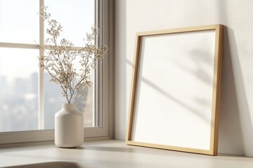 A picture frame sits next to a vase on a window sill, perfect for indoor or outdoor display