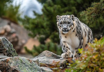 Obraz premium Majestic Snow Leopard Walking Through Rocky Terrain Surrounded by Lush Greenery and Natural Habitat in the Wild