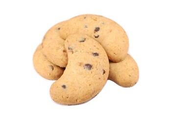 Homemade crescent-shaped shortbread cookies with chocolate chips on a white background 