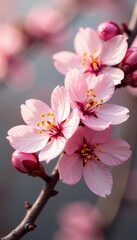 Close-up of delicate peach blossoms on a branch , botanical, texture