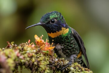 Fototapeta premium A close-up of a hummingbird in mid-flight, sipping nectar from a brightly colored flower, its iridescent feathers shimmering