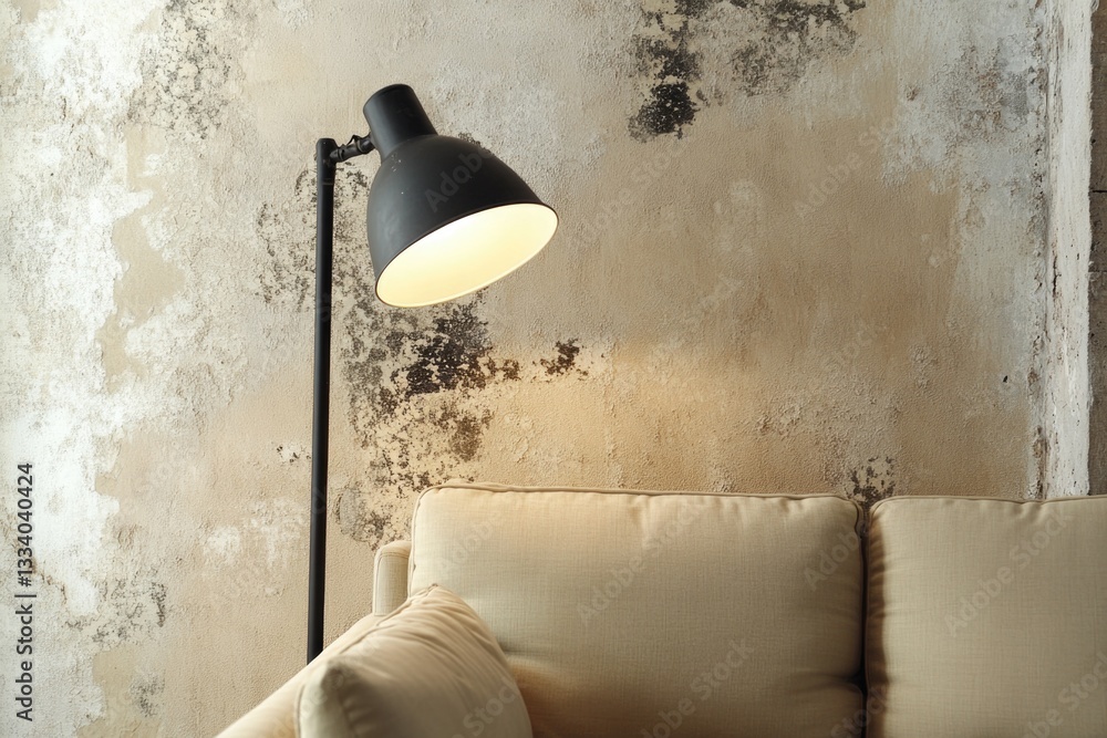 Poster A lamp sits on a table next to a comfortable-looking couch