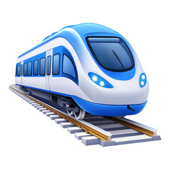 Fototapeta premium A Sleek Blue and White Train Stationed on Vibrant Railway Tracks with a Crisp White Background, Ideal for Transportation and Travel Themes