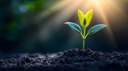 Emerging Life: A tender seedling bursts forth from the rich earth, bathed in radiant sunlight, representing growth and the promise of renewal.