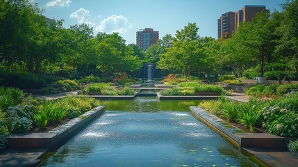Fototapeta premium Serene City Garden with Water Features Trees and Pathways for Relaxation. Generative AI