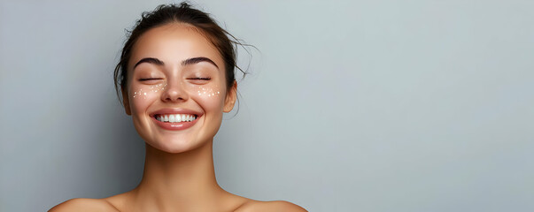Smile, eyes closed, and glowing skin of a joyful woman in studio for natural beauty, skincare, and self-care. Face, happiness, and model in dermatology, hydration, and aesthetics on gray background.