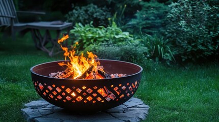A glowing fire pit with burning flames in a green garden
