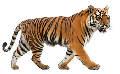Obraz premium Majestic tiger walking gracefully against a white background, showcasing vibrant orange and black stripes in a natural and powerful pose
