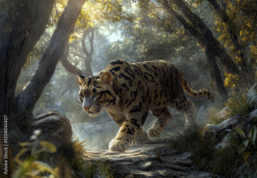 Poster majestic tiger walking through lush forest path with sunlight filtering through dense foliage and cr