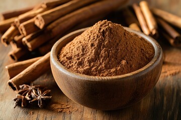 A wooden bowl filled with a warm and aromatic mixture of cinnamon, perfect for baking or cooking
