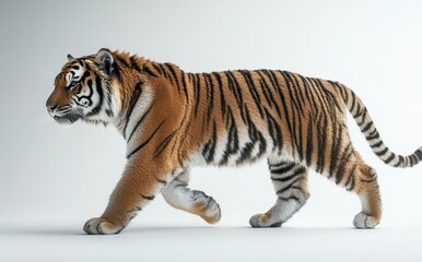 Majestic Tiger Walking Gracefully on a Light Background Captured in Stunning Detail and Clarity Highlighting Its Striking Orange and Black Stripes