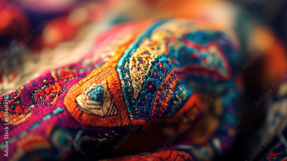 Poster colorful textile fabric with intricate patterns and textures